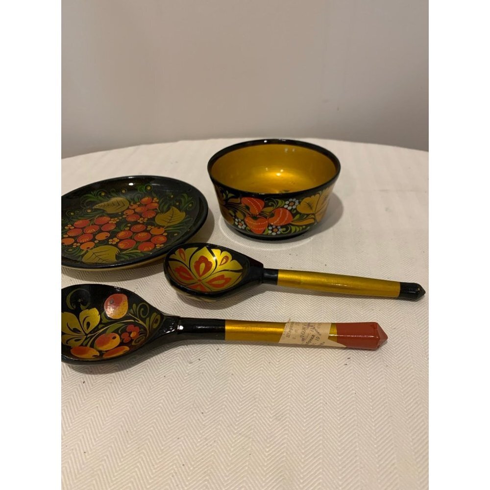 4 Pc Vintage Russian Enamel Painted Wood Dishes